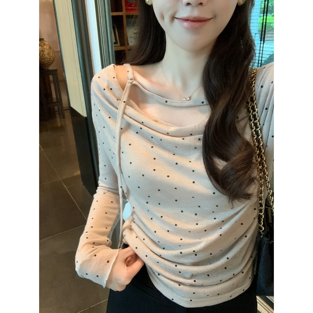 安璃 复古小波点脖绳假两件上衣