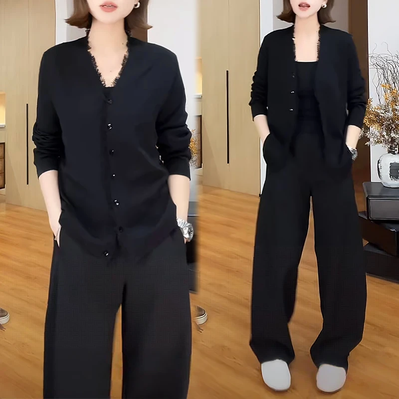 法式小众高级感套装女2025春秋新款蕾丝长袖针织开衫阔腿裤两件套