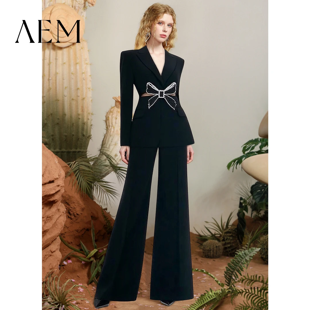 AEM-Y【花蝶梦】时尚蝴蝶结套装裤2025秋冬V领外套长裤CM51088AB