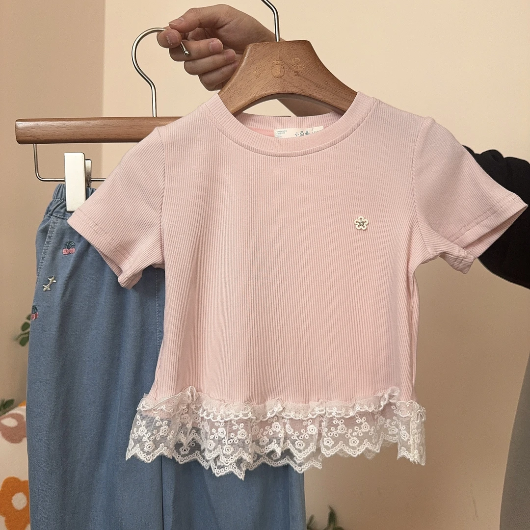 小茵曼针织短袖t恤25秋时尚精致蕾丝花边下摆中大童上衣JRX252047