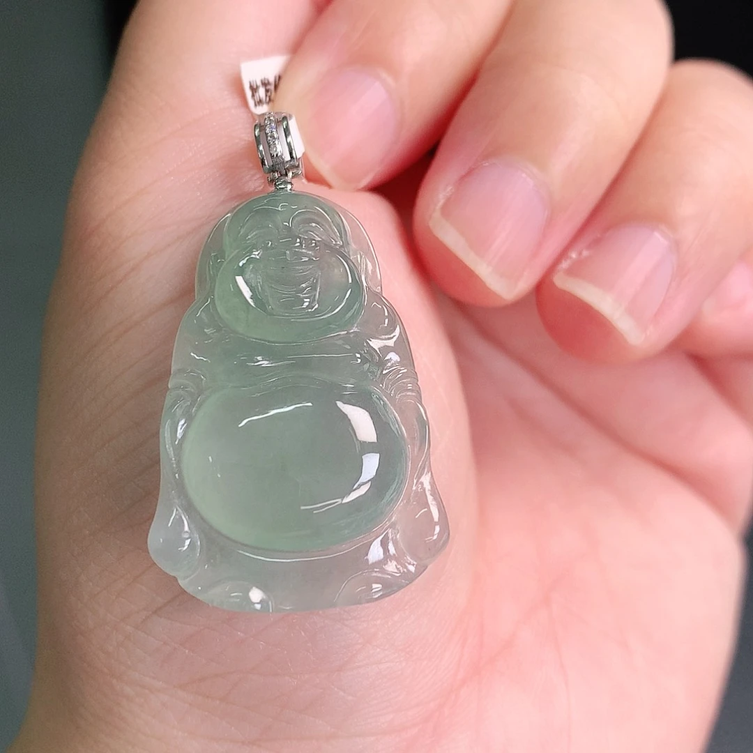 翡翠18K金镶嵌颈饰冰绿布袋佛33-22-6