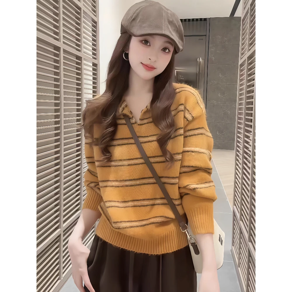 撞色条纹毛衣针织衫女2025新款韩系宽松慵懒风巨好看厚款轻熟上衣