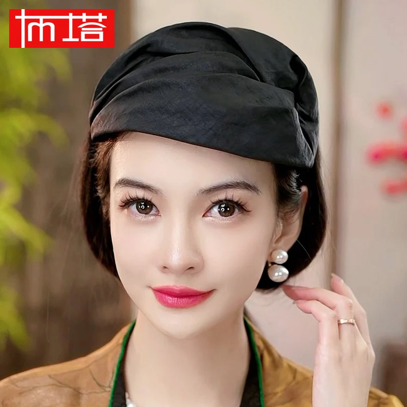 布塔香云纱女士半帽遮白发真丝桑蚕丝洋气简约气质宽边发箍礼帽