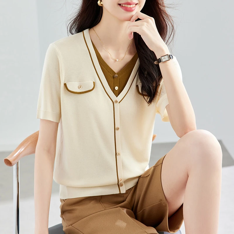 品牌天丝莱赛尔上衣夏季短袖t恤女装2025新款撞色拼接假两件针织