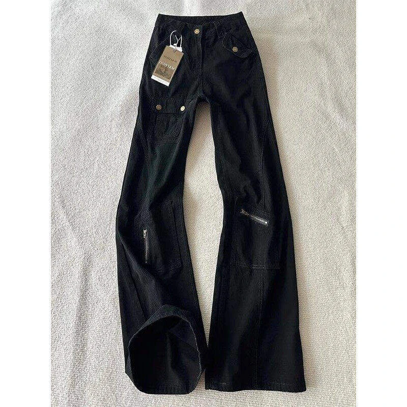 美式高街多口袋工装牛仔裤男夏季修身窄版裤子显瘦提档直筒微喇裤