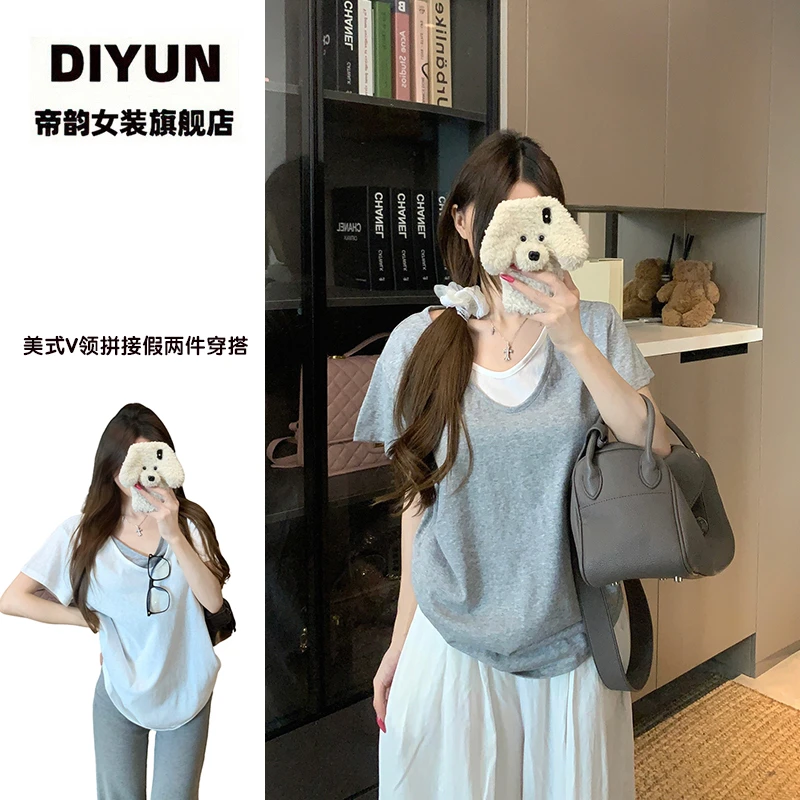 【帝韵】夏季新款微胖大码女装雪花棉短袖t恤拼接假两件V领显瘦上衣