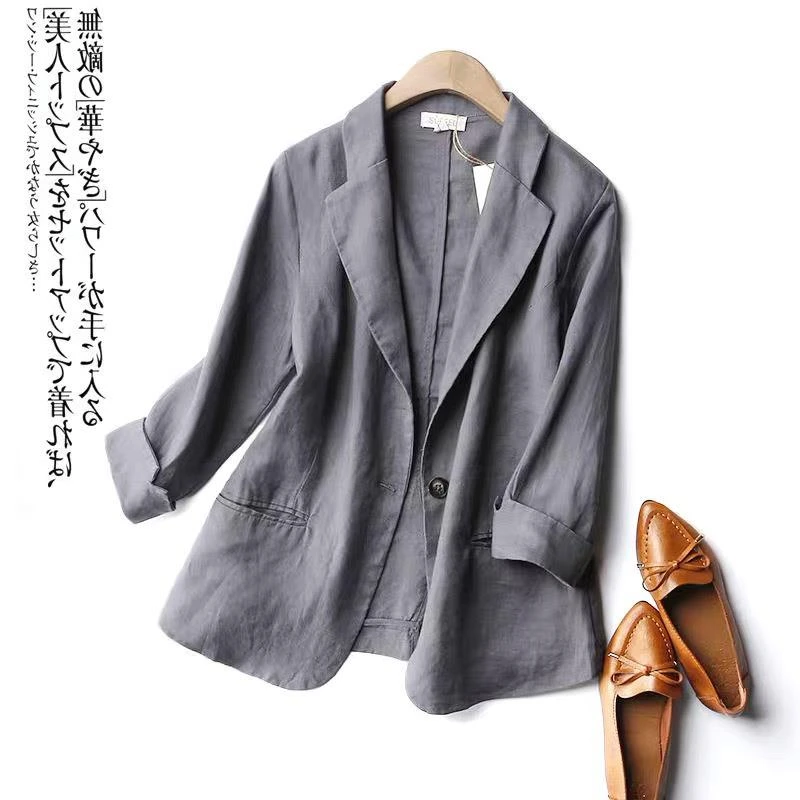 麻棉西装外套女春秋薄款2025新款大码宽松休闲小西服七分袖上衣女
