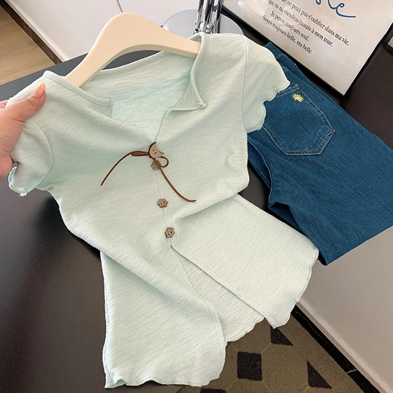 2025多巴胺领正肩短袖不规则开叉修身显瘦纯欲百搭时尚上衣