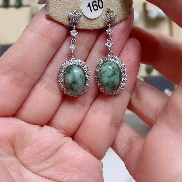 透闪石-蛇纹石玉银S925镶嵌耳钉