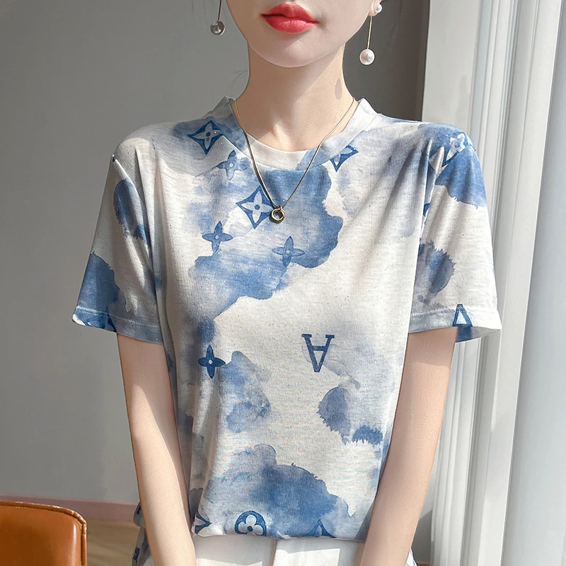 设计感彩色扎染莱赛尔天丝短袖T恤女夏季薄款上衣圆领