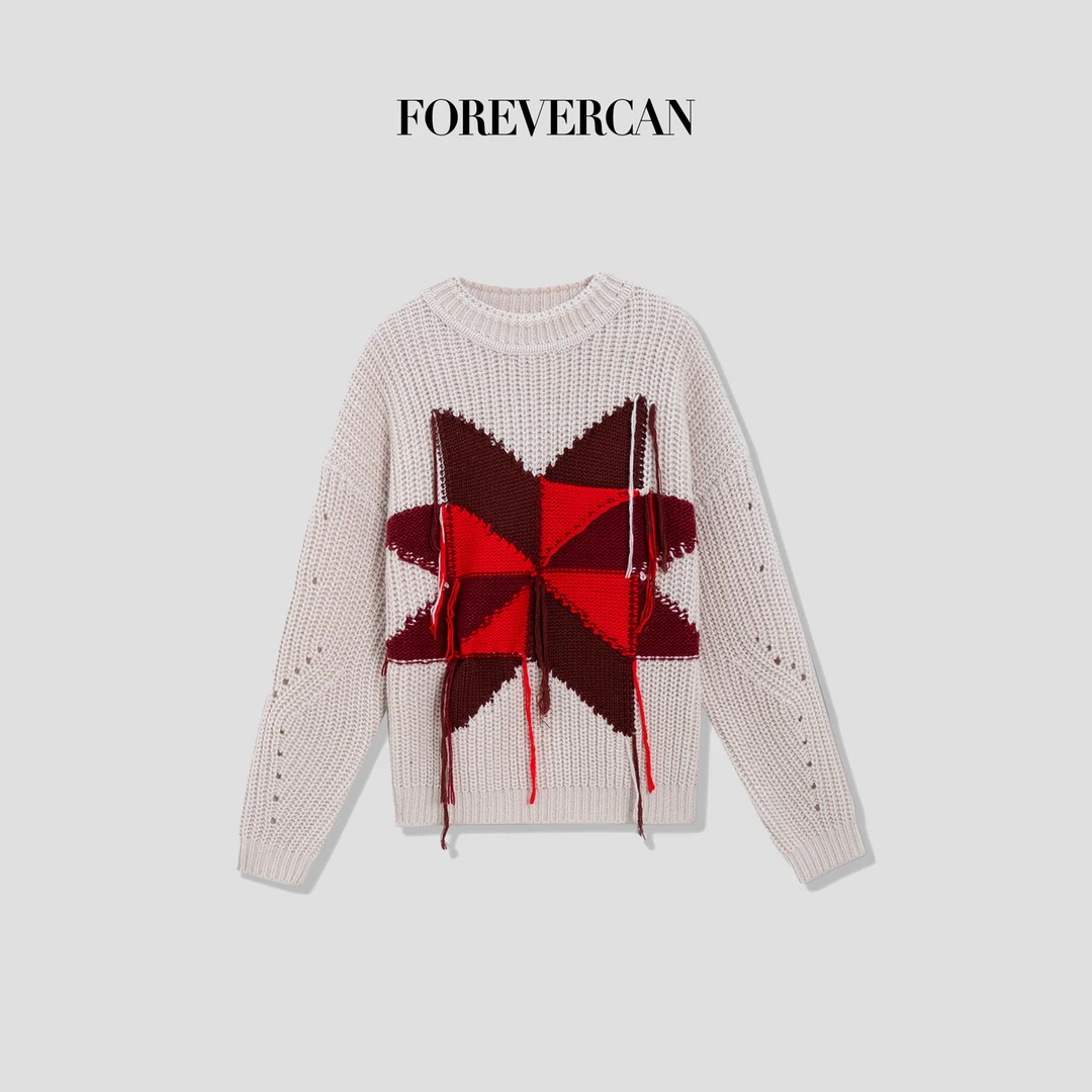 FOREVERCAN“星芒”撞色流苏提花针织套头上衣MY4386