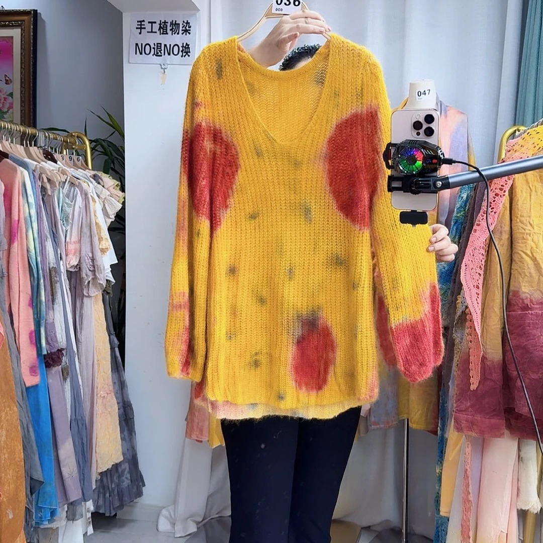 羊绒植物染黄染系列黄红色梦幻蝴蝶上衣