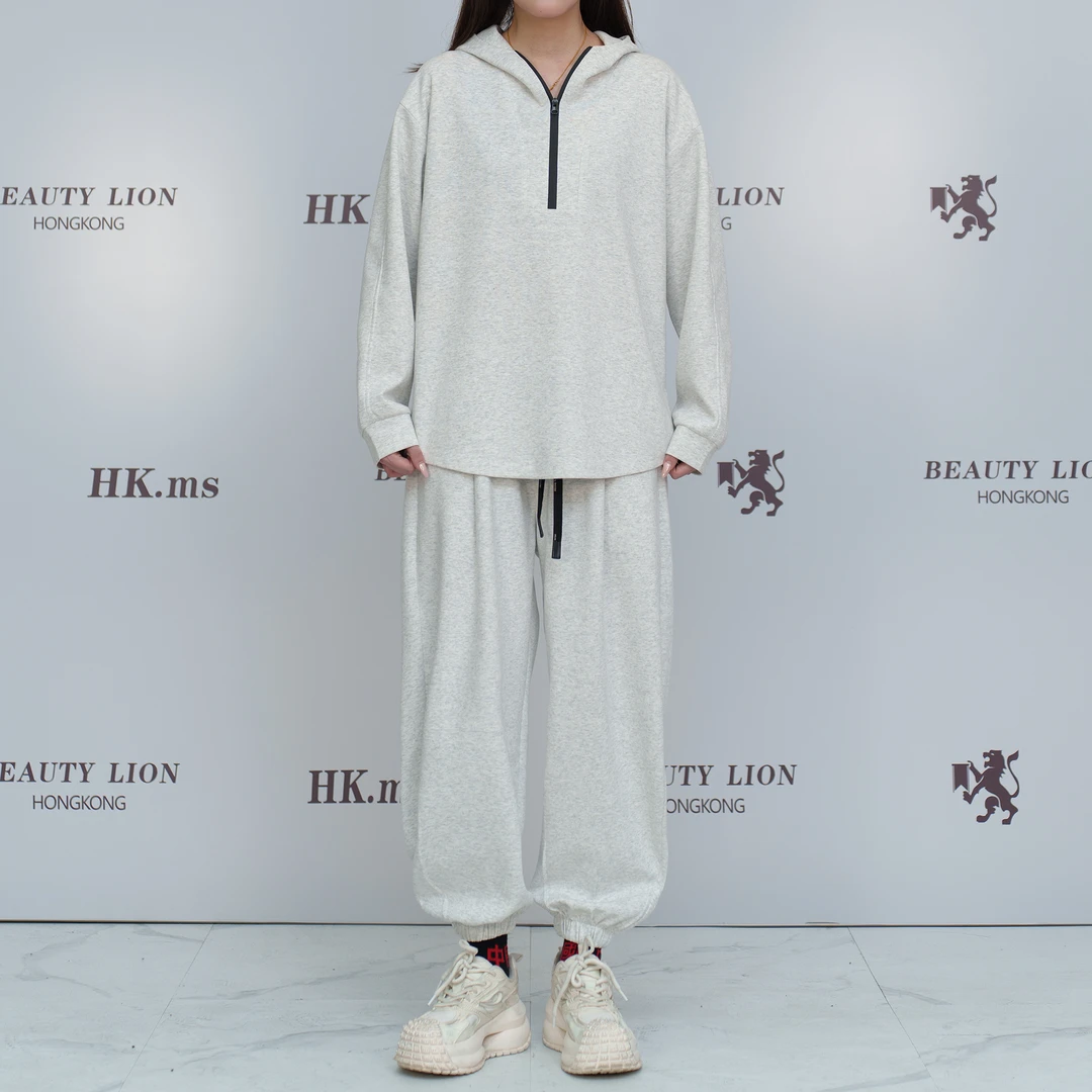 2025H·K美狮潮牌时尚秋季纯色半拉链套头连帽休闲套装