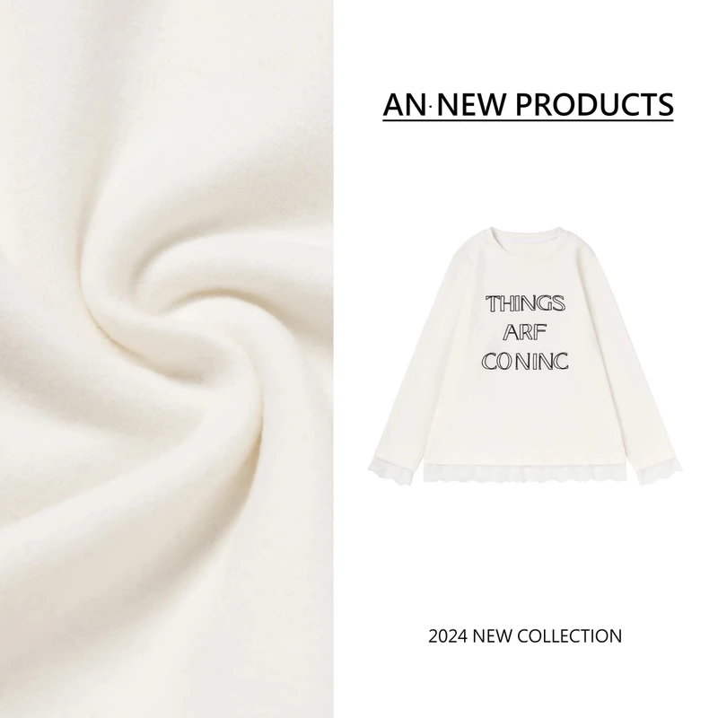 B11091冬季新款时尚拼接蕾丝袖口百搭字母长袖打底上衣