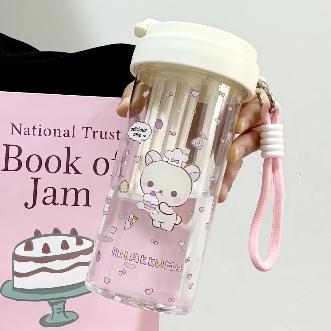 卡通可爱双饮口大容量高颜值小巧便携水杯带手提茶隔双饮吸管杯XF