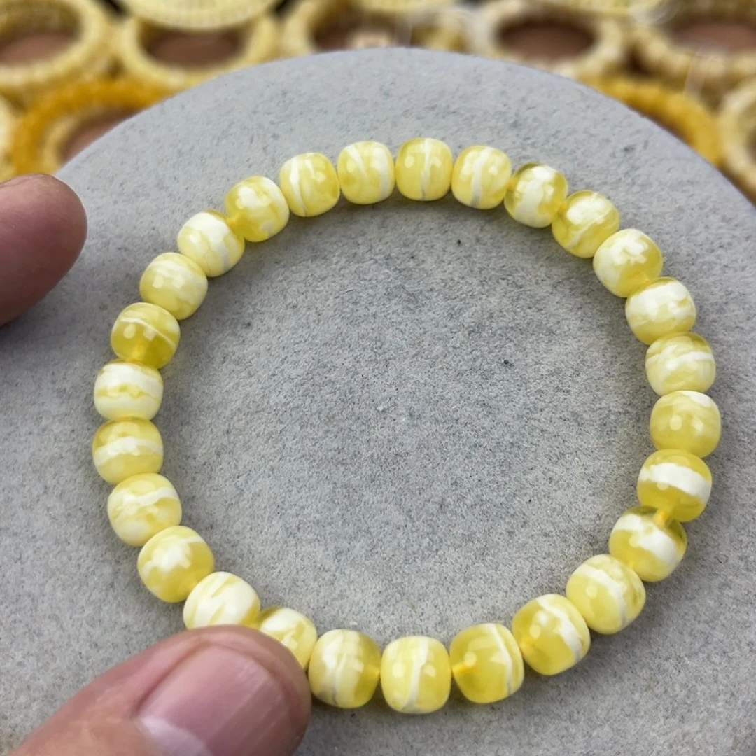 蜜蜡未镶嵌手串纯天然俄料金瓷白花虎皮8.2*7.7腕口18+