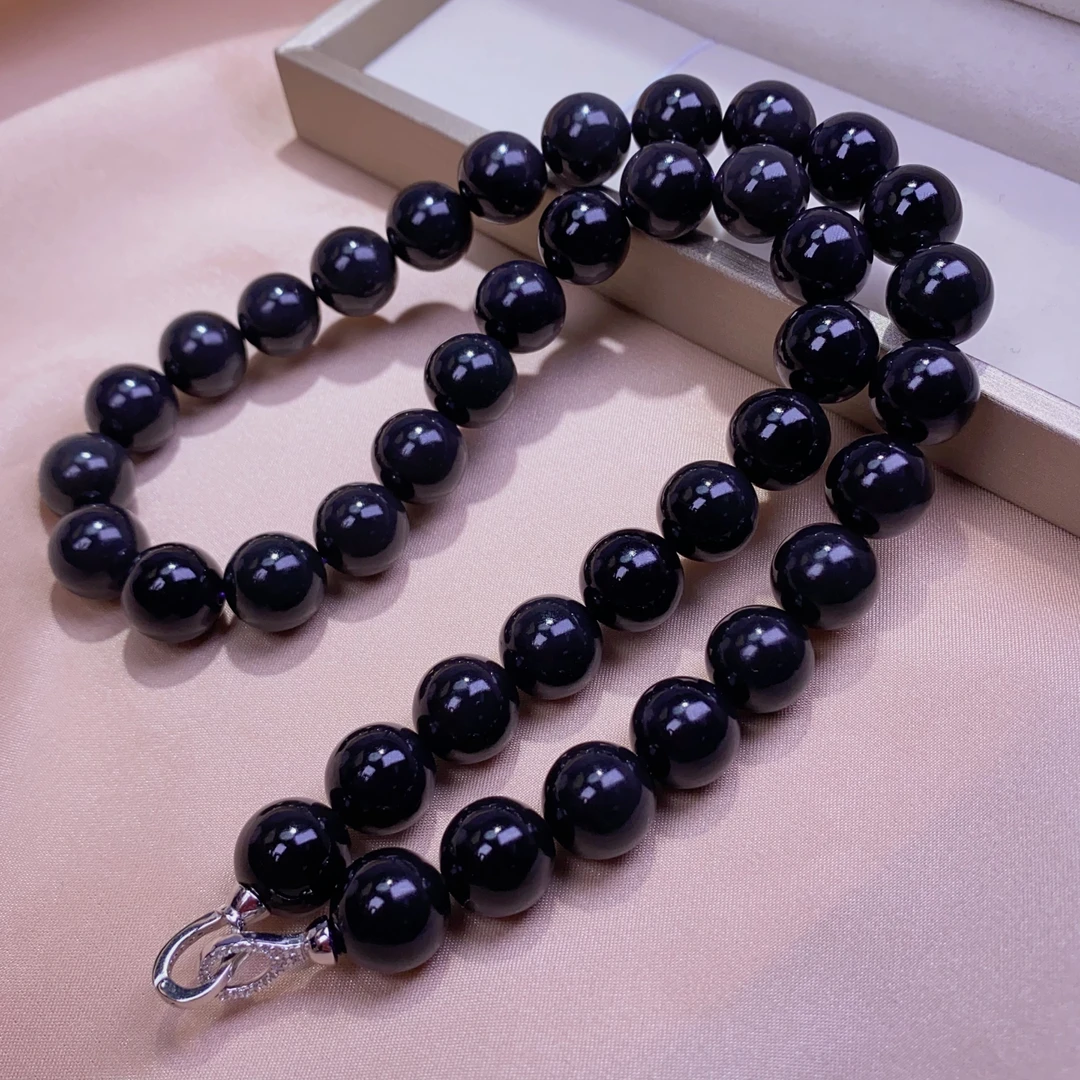 天然和田玉青海料精品烟紫浓紫帝王紫圆珠约12mm银项链收藏@0009