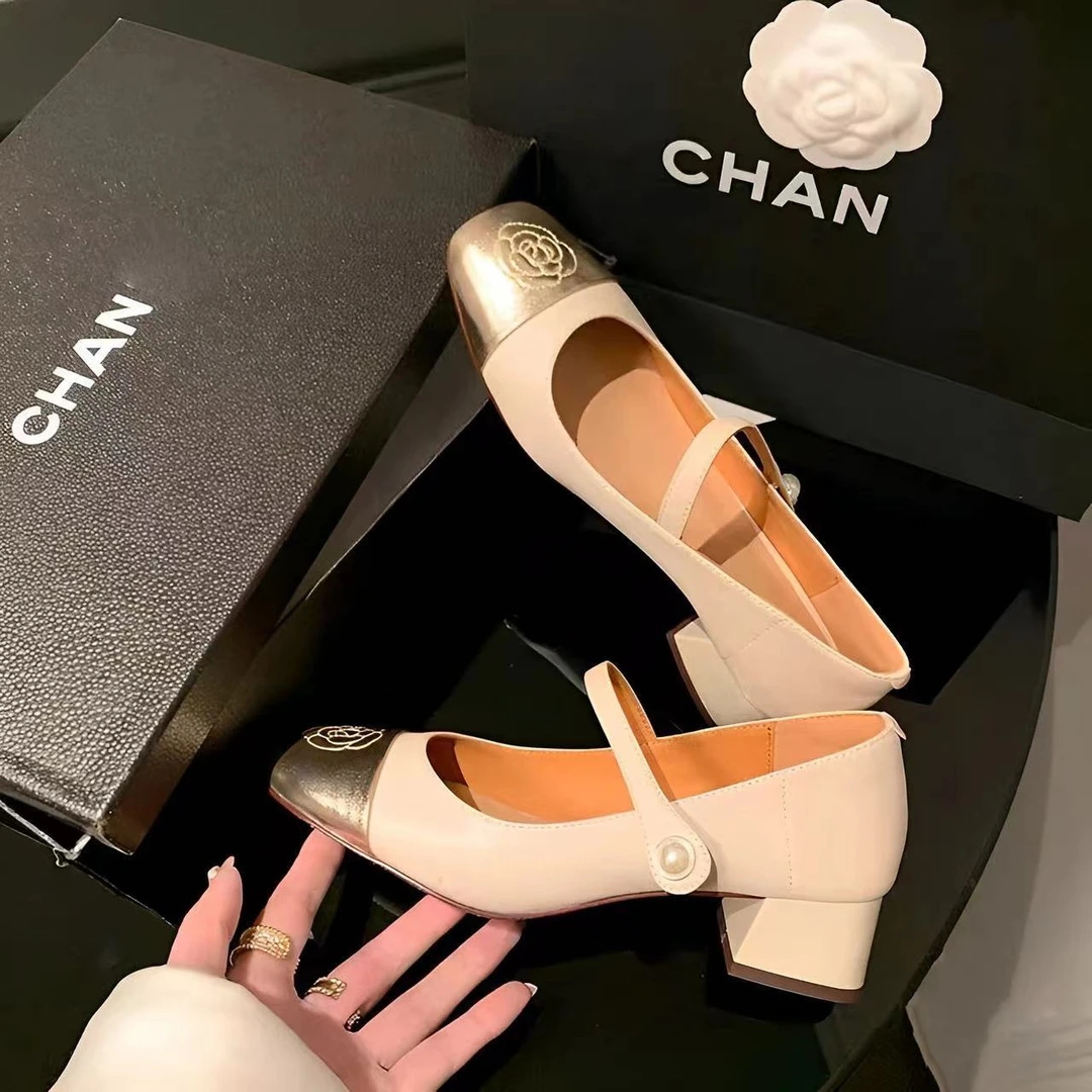 联名款真皮山茶花拼色小香风玛丽珍韩版甜美方头粗跟优雅单鞋女