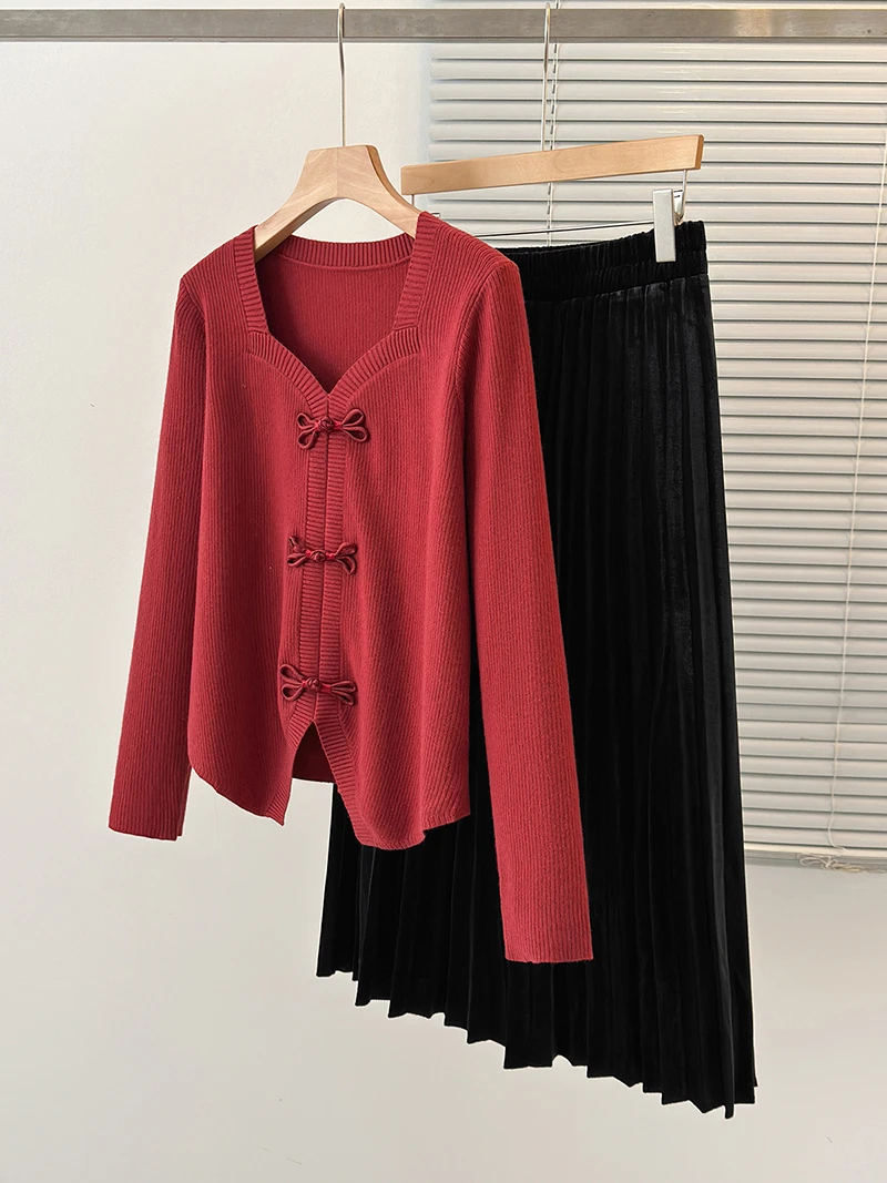 秋冬装款胖mm大码女新中式针织上衣丝绒半身裙套装 71239+18015