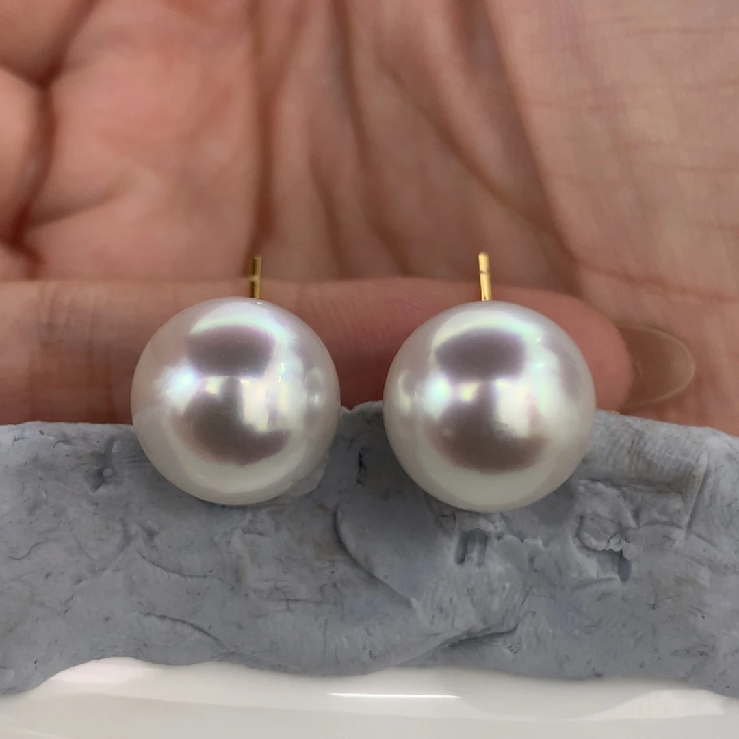 定制海水珍珠18K金镶嵌耳饰澳白粉白光12-13mm素钉