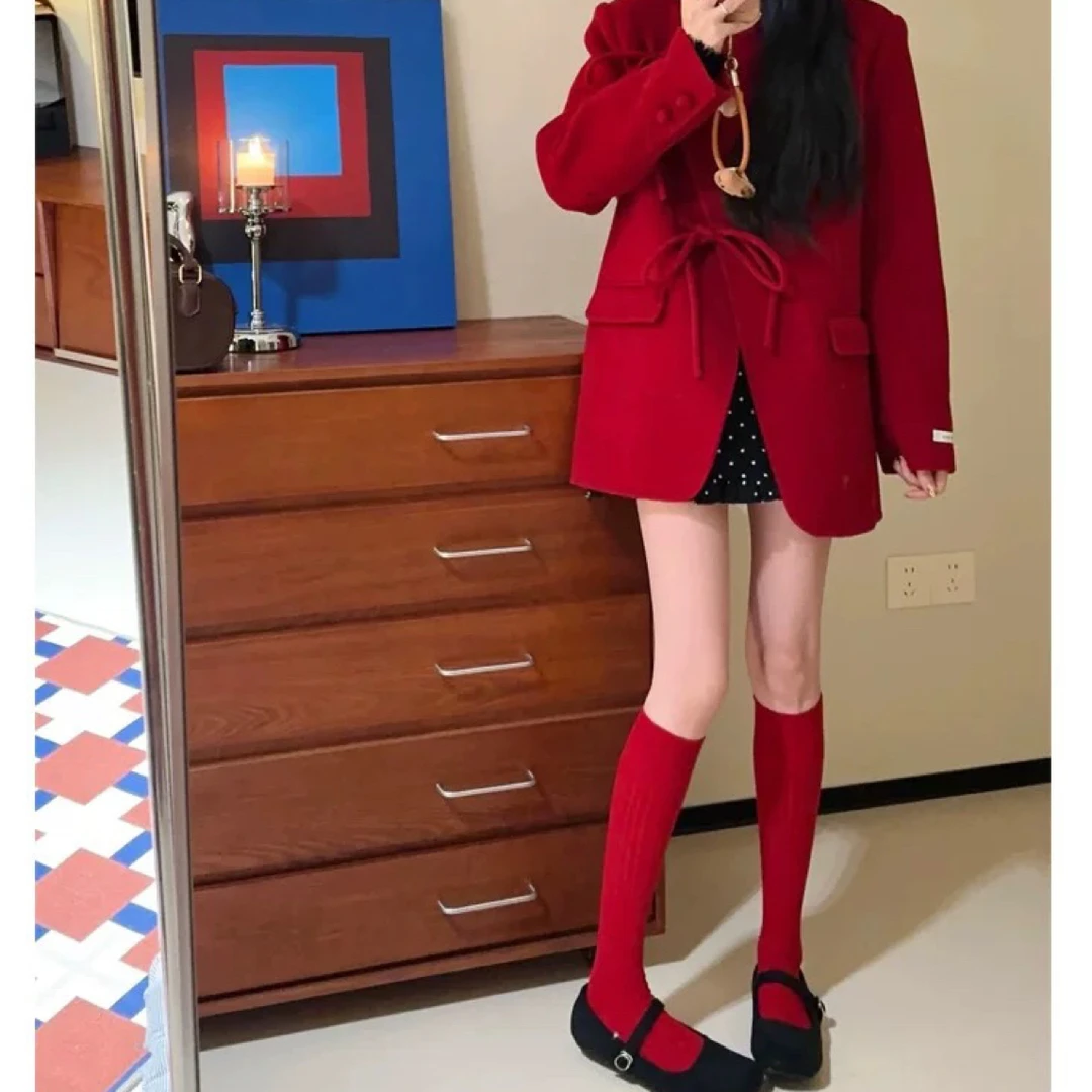 【月姐家】新年圣诞战袍毛呢外套2025秋冬新款气质宽松红色外套
