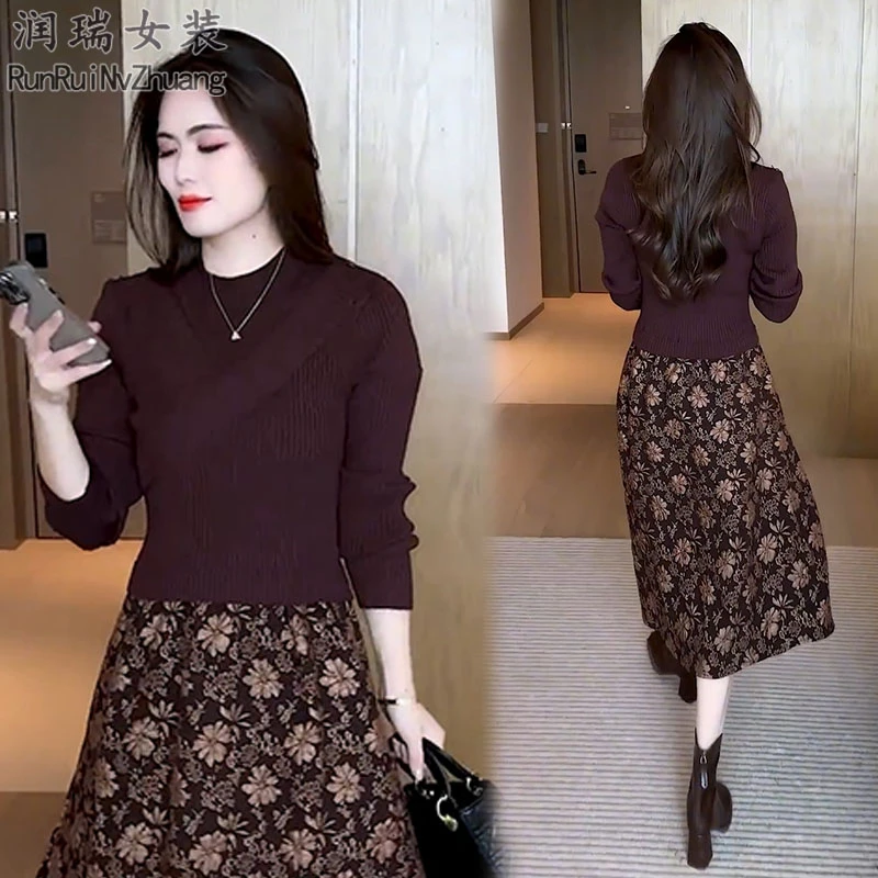 轻熟风秋冬时尚假两件连衣裙2025秋季新款收腰显瘦长款针织裙子潮