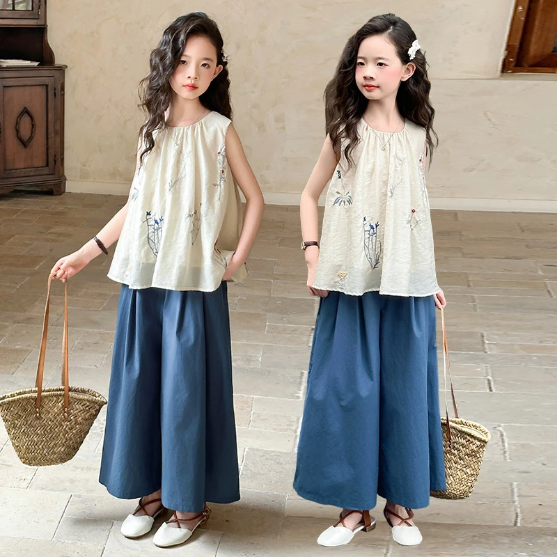 女童套装夏季时尚洋气百搭复古简约中国风民族风无袖背心刺绣夏装