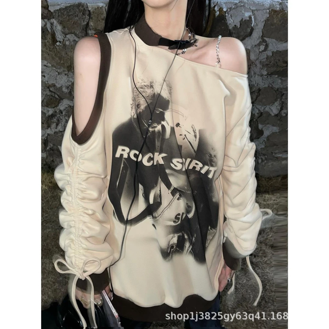 时尚宽松卫衣女2025秋装新款设计感小众露肩绑带印花辣妹上衣