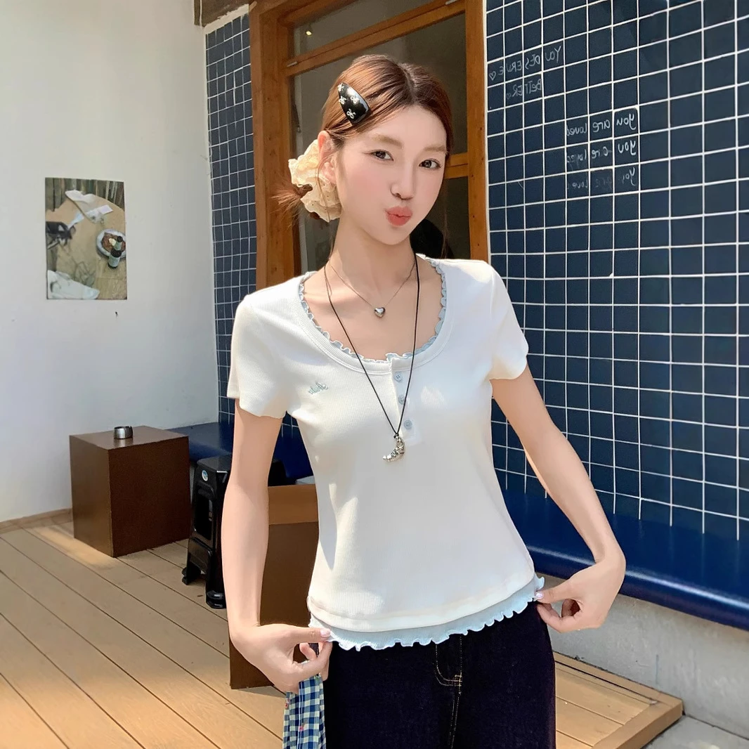 撞色刺绣U领短袖t恤女2025夏季新款假两件修身显瘦短款上衣正肩T
