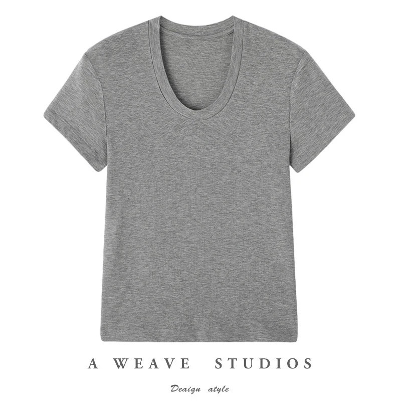 新款T恤女醋酸/莱赛尔天丝羊毛柔软U领短袖上衣女装显瘦纯色针织