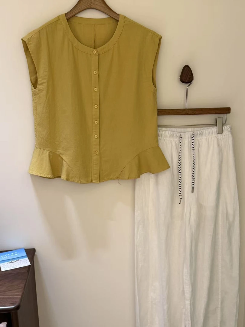 「金小姐」飞飞袖蝴蝶边麻料棉衬衫～