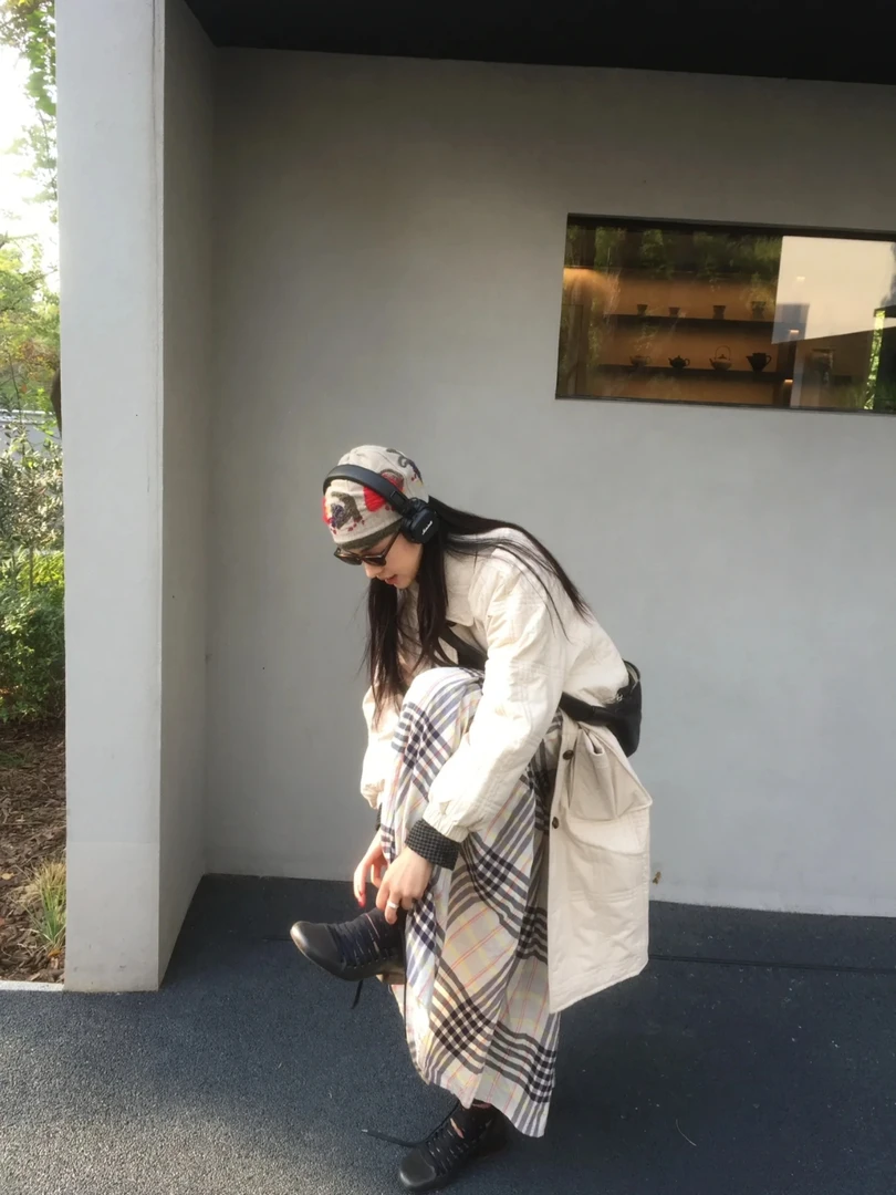 EVE XY1704# 马德拉斯格纹宽摆纹文艺复古半身裙（长92平铺腰62）