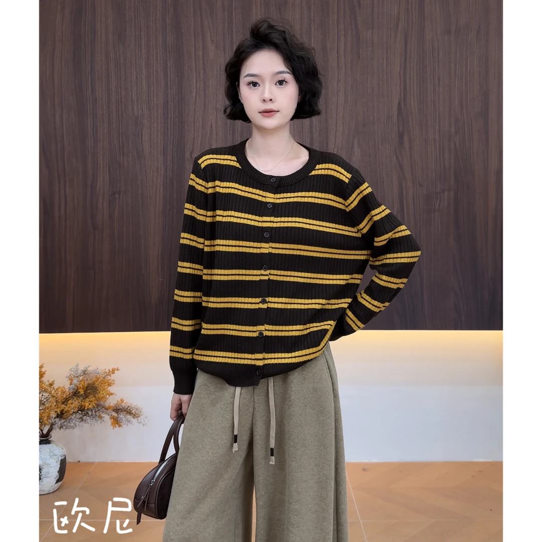欧尼私服 2025秋季新款撞色条纹针织开衫休闲上衣2509C6286