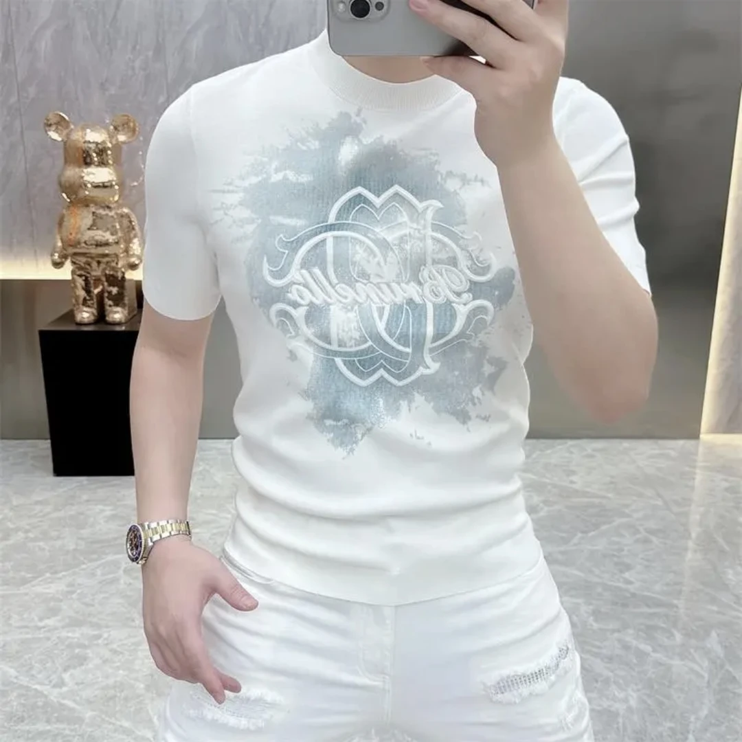 2025夏季新款轻奢欧货男士圆领针织短袖设计款休闲时尚花纹冰丝潮