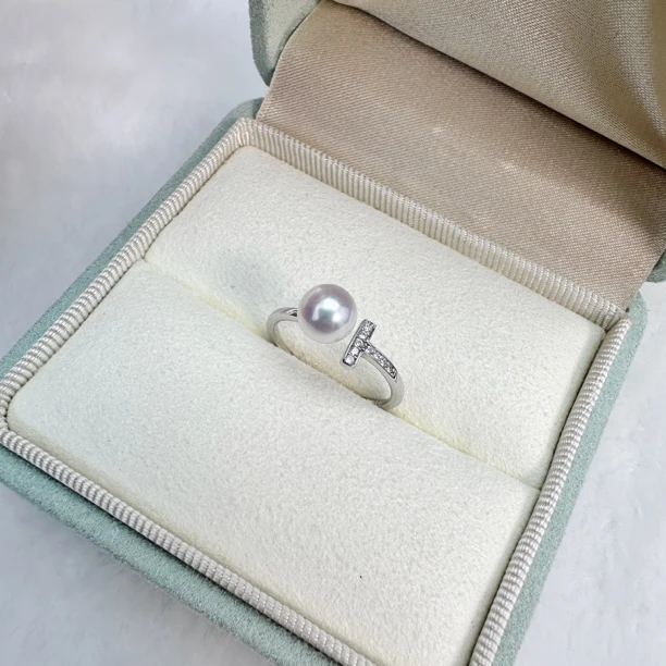 S925银 天然淡水珍珠戒指5-6mm6-7mm 正圆无暇