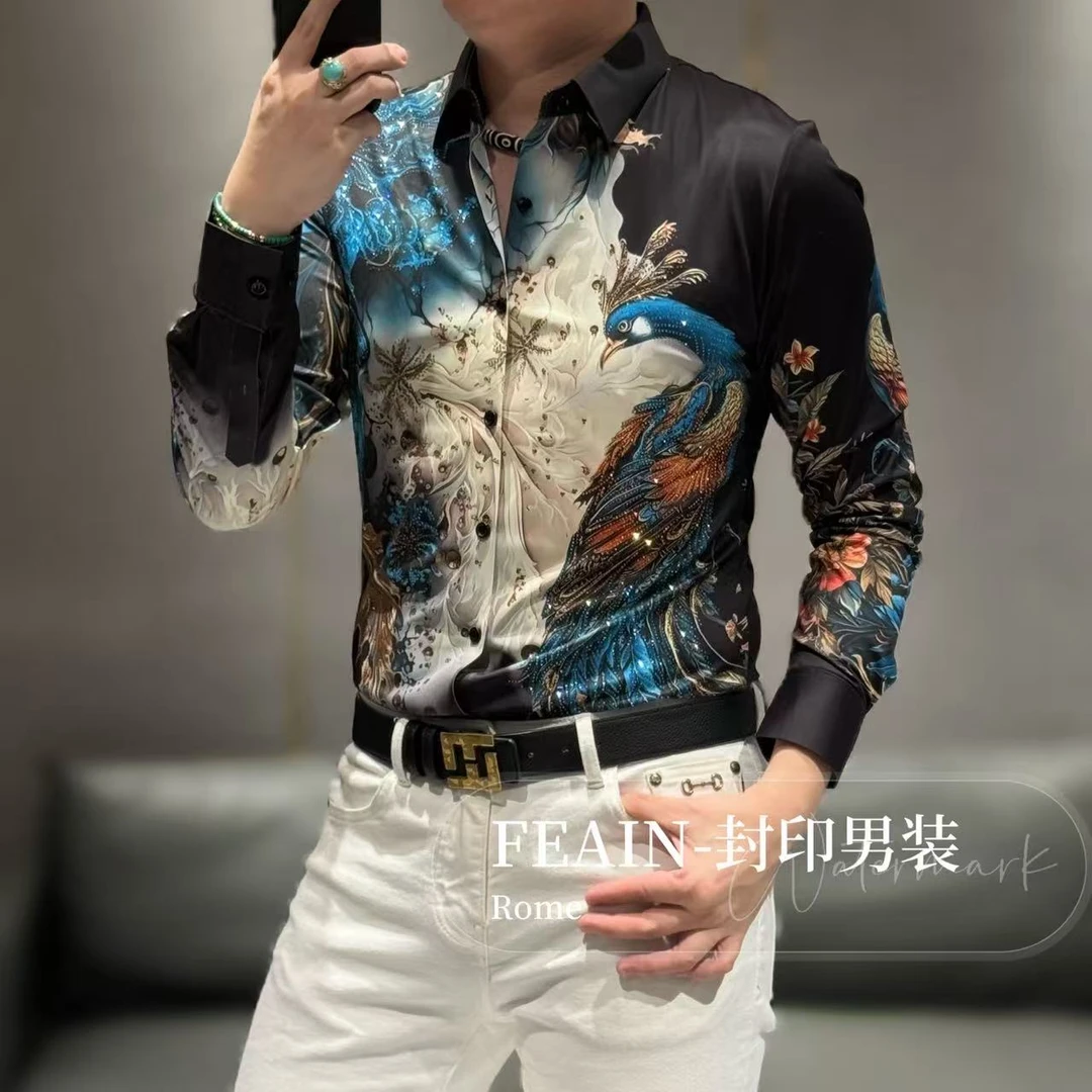 高端男士定制弹力莱卡孔雀开屏奥钻点缀长袖衬衫2584