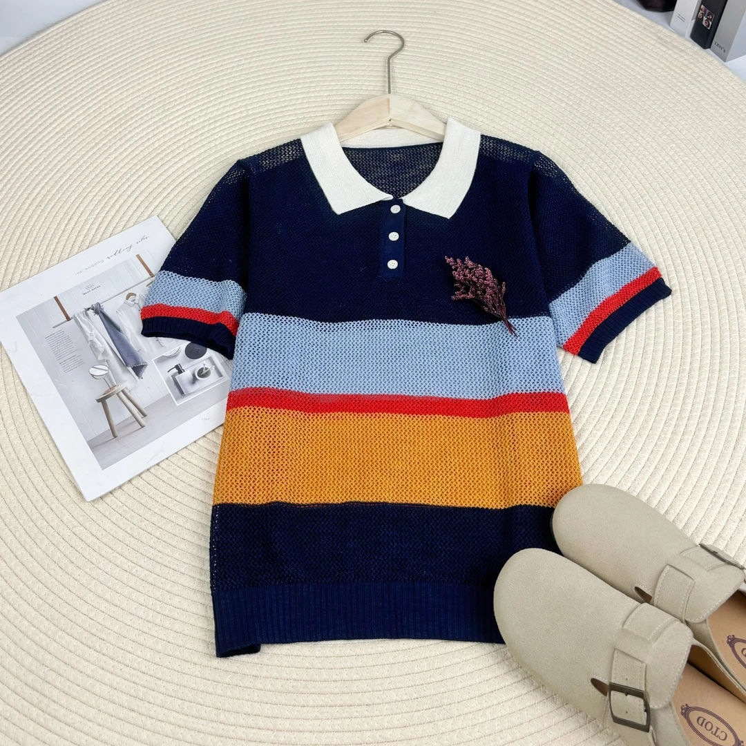玲姐定制-Polo领复古撞色款微镂空薄款微透针织短袖259518