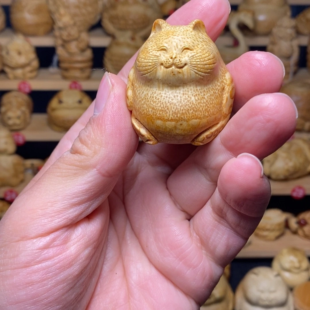 竹竹根雕可爱猫咪手把件
