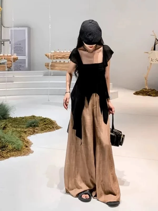 大码微胖mm高级感方领背心阔腿裤两件套2025年夏季设计感显瘦套装