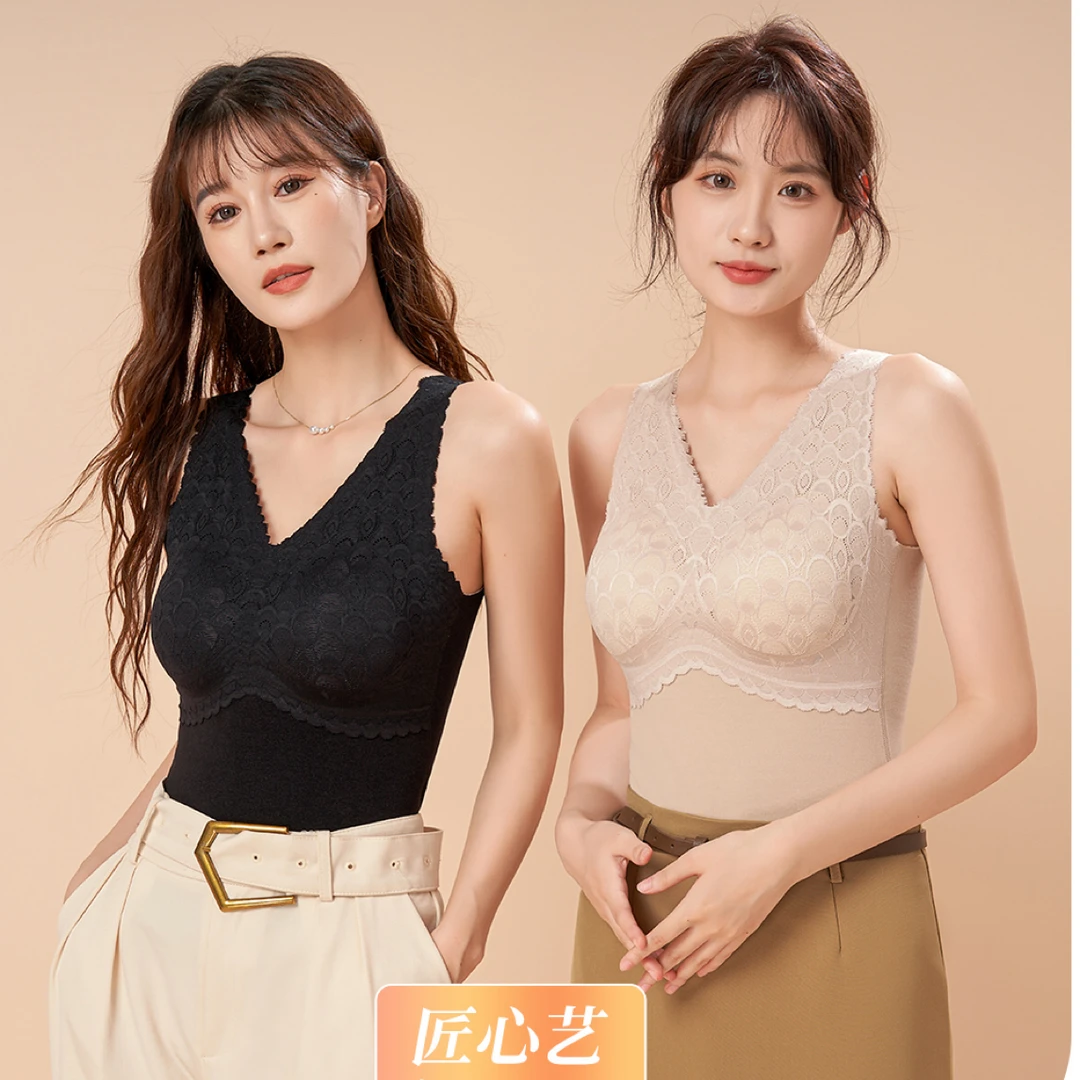 女士秋冬加绒加厚蕾丝美背保暖背心