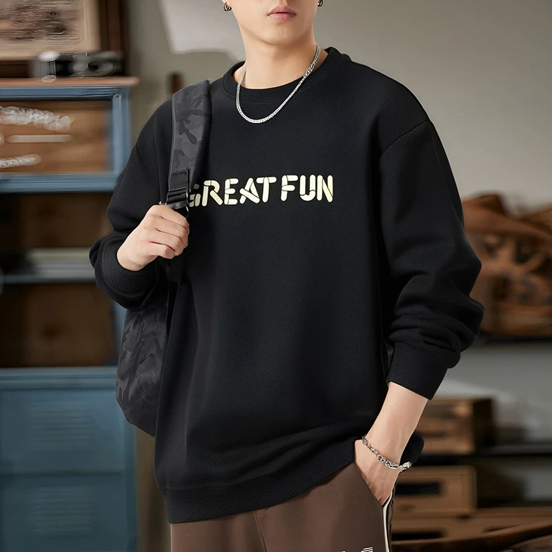 流行宽松运动卫衣男款长袖T恤打底衫2026新款青少年圆领套头上衣