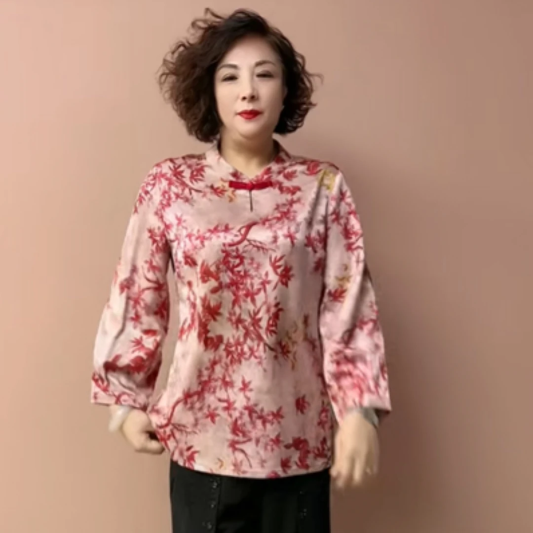 新中式花色上衣女套头立领圆边开衩衬衫