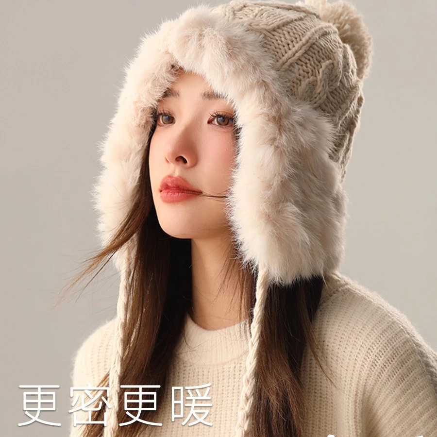 真兔毛帽子女冬季加绒加厚保暖显脸小毛线帽针织帽护耳防寒骑行