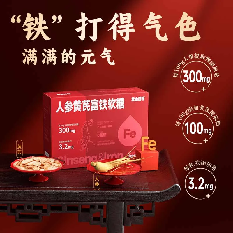 黄金搭档人参黄芪富铁软糖0脂肪每粒含铁量约3.2mg