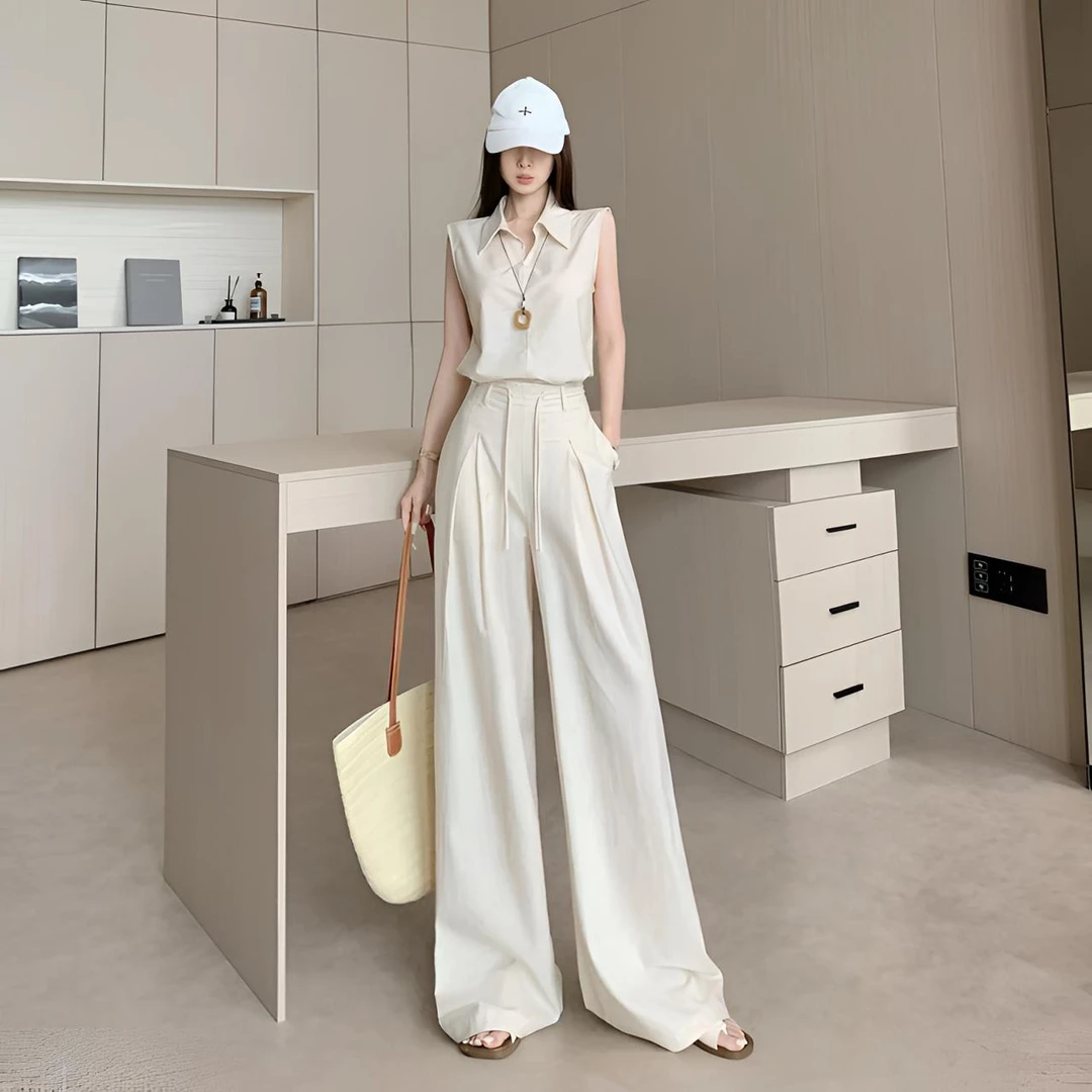 气质御姐风高级感时尚韩系休闲套装女夏翻领上衣高腰阔腿裤一整套