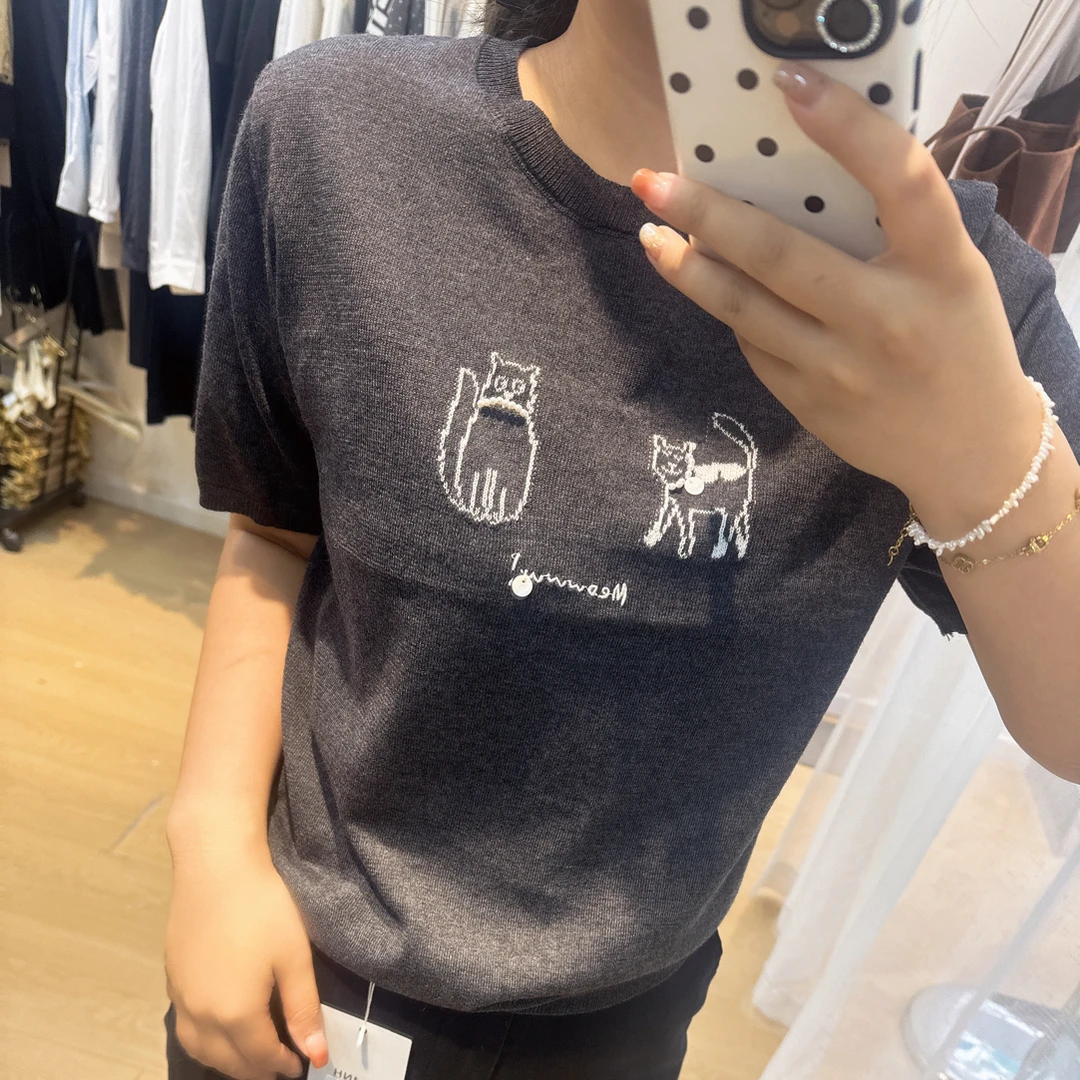 女短袖动物刺绣针织圆领毛针织衫高品质毛衣夏季修身
