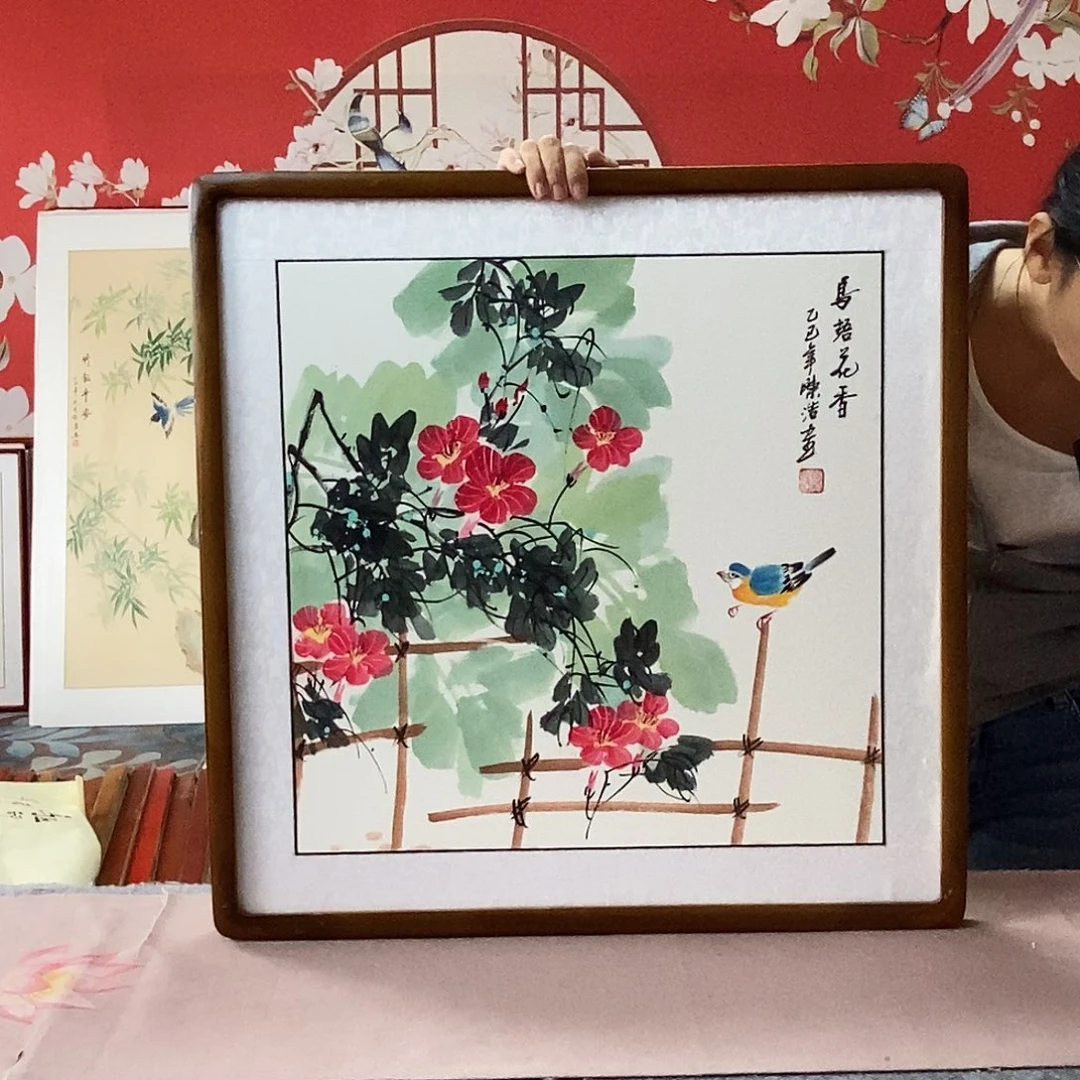 国画手写手绘国画作品带框包邮62✖️62