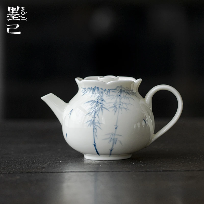 墨己手绘竹子茶壶功夫茶具陶瓷家用花口茶壶球孔过滤文人手执壶