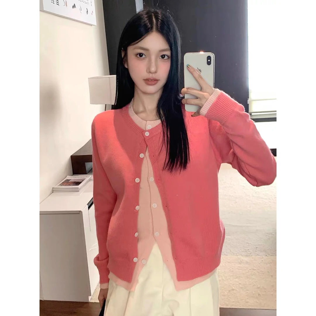 【婷婷家】小个子秋季假两件撞色针织开衫#10033