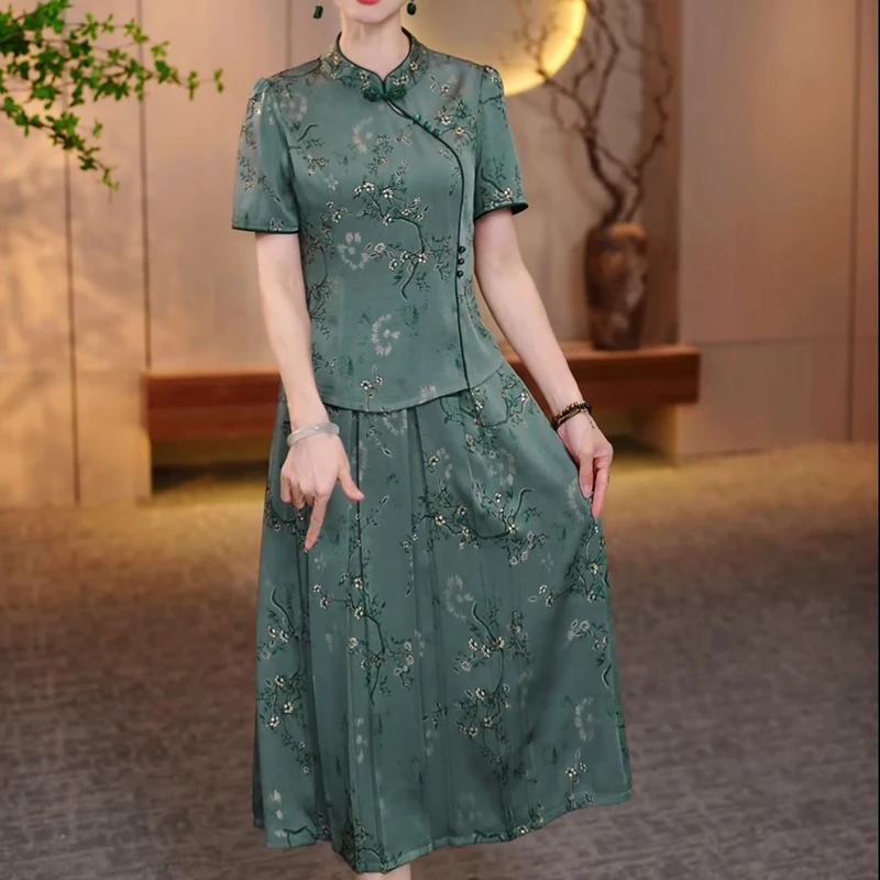 爆款大码碎花上衣+半身裙国风精致妈妈装优雅复古修身显瘦两件套